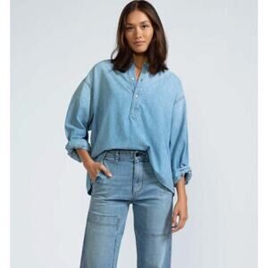 Askk Ny Denim Long Sleeve Henley in Jackson Sz 1 Blue Chambray